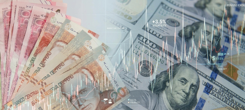 Gráfico que muestra el cierre del dólar en 3.4390 al final de la semana, destacando su estabilidad luego de tres semanas de alzas. Incluye detalles sobre la inflación en Estados Unidos que superó expectativas, y el impacto del petróleo en los mercados globales. También se menciona la presión local en el mercado de divisas y los efectos del crudo sobre la inflación en Perú.