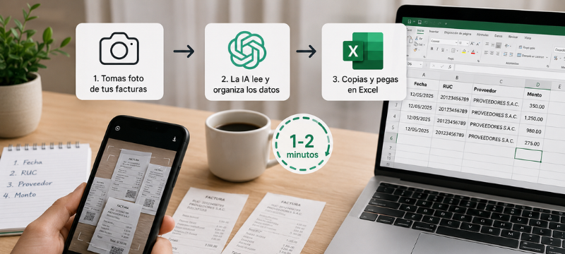 Persona registrando facturas manualmente en Excel con frustración, mientras reflexiona sobre el tiempo que toma copiar datos como fecha, RUC, proveedor y monto, y la posibilidad de errores. Se menciona la alternativa de usar inteligencia artificial para automatizar el proceso mediante fotos de las facturas, destacando la simplicidad y rapidez del método, aunque con advertencias sobre la calidad de las fotos. Se resalta el ahorro de tiempo y la recomendación de probar este método para ganar tiempo libre o para otras tareas importantes.
