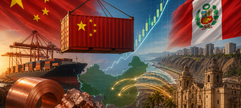 Gráfico que ilustra la relación entre la economía de China y su impacto en el tipo de cambio en Perú. Se destaca la importancia de las decisiones económicas de China y Estados Unidos en el mercado peruano, especialmente en relación con las exportaciones mineras y la demanda de cobre. La imagen refleja cómo las fluctuaciones en la economía china pueden influir en los precios de los metales y el ingreso de divisas, afectando así el tipo de cambio.
