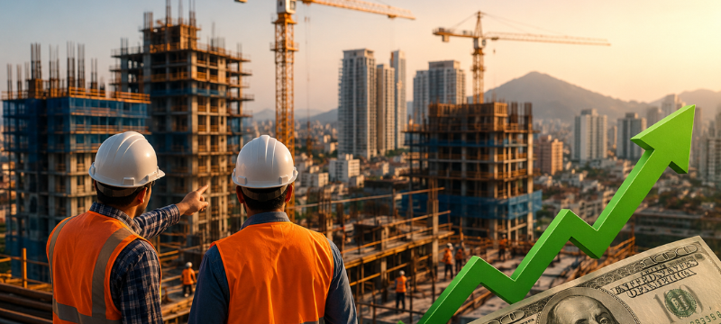 Imagen de una ciudad en crecimiento, con grúas y edificios en construcción, simbolizando el auge del sector de la construcción en Perú. La actividad económica se dinamiza con inversiones privadas, proyectos de infraestructura y recuperación de la demanda inmobiliaria. La imagen también refleja el impacto positivo en industrias relacionadas, como la producción de cemento y acero, y el efecto multiplicador sobre el empleo y la economía regional. Además, subraya el desafío del mercado cambiario debido a la dependencia de materiales importados, y el optimismo económico que podría equilibrar la demanda de dólares.