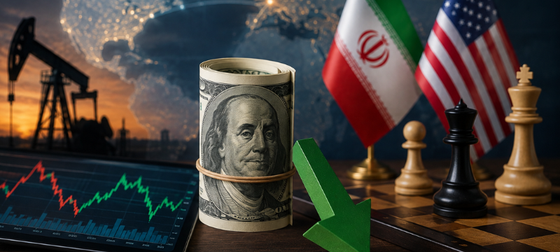 Gráfico que muestra la evolución del tipo de cambio del dólar en Perú durante la semana, destacando la apertura en 3.4060 y el cierre en 3.3970, en el contexto de tensiones geopolíticas entre Irán y EE. UU., estabilidad del precio del petróleo y decisiones de política monetaria de la Reserva Federal.