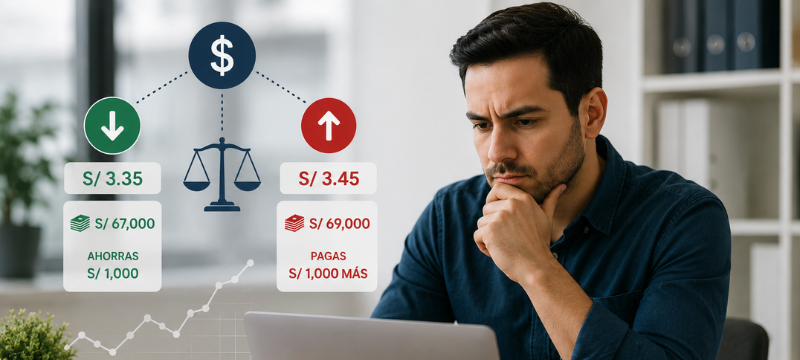 Una empresa debe pagar a un proveedor en dólares y considera si esperar a que baje el tipo de cambio. Sin embargo, la incertidumbre del mercado puede hacer que el dólar suba. Ejemplo: si el tipo de cambio está en S/3.40, se necesitan S/68,000 para pagar US$20,000. Si sube a S/3.45, se necesitarán S/69,000. El texto resalta la importancia de planificar los pagos y controlar costos en lugar de intentar predecir el mejor momento para el cambio. Una variación pequeña en el tipo de cambio puede tener un gran impacto, especialmente en el Perú, donde muchas empresas tienen ingresos en soles pero gastos en dólares.