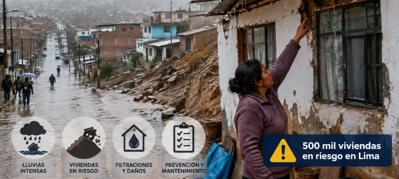 Inundaciones en Lima tras fuertes lluvias, con calles anegadas, techos dañados y hogares afectados en zonas como Quillo Chico y Villa El Salvador. Vecinos reportan filtraciones y colapso de estructuras. Cerca de 500 mil viviendas en riesgo, especialmente en laderas y cauces antiguos. Especialistas recomiendan revisar techos para prevenir daños. Probabilidad alta de fenómeno El Niño muy fuerte entre octubre y diciembre, incrementando riesgos para asentamientos informales.
