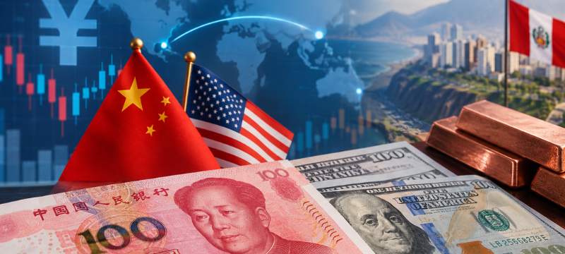 Gráfico que muestra la fortaleza del yuan chino frente al dólar estadounidense, destacando su impacto en los mercados financieros y las relaciones comerciales entre China y Estados Unidos. Incluye referencias a la paridad central fijada por el Banco Popular de China y el contexto de las negociaciones entre los presidentes Donald Trump y Xi Jinping. También se menciona la influencia del yuan en el mercado de materias primas y su relevancia para economías exportadoras como la de Perú.