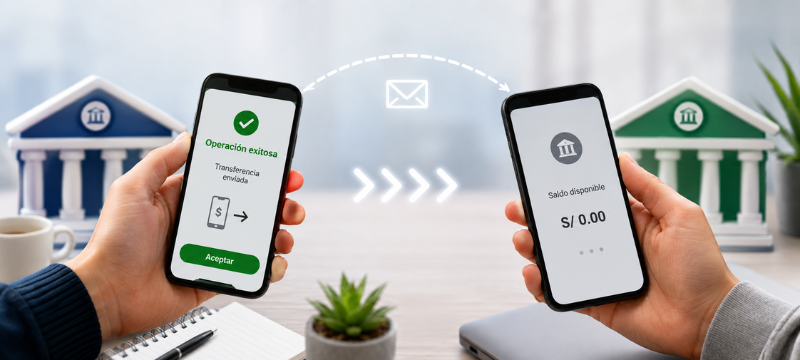 Ilustración de un proceso de transferencia interbancaria en Perú, mostrando las diferentes vías disponibles: inmediata, diferida y LBTR, cada una con sus tiempos y límites. Se destaca que una transferencia indicada como 'exitosa' no garantiza la llegada inmediata de los fondos a la cuenta de destino. La imagen también ilustra posibles causas de demora, como horarios de corte, transferencias en días no hábiles, límites excedidos y revisiones bancarias adicionales. Se sugiere verificar detalles como el CCI y la moneda para evitar rechazos y optimizar el proceso.