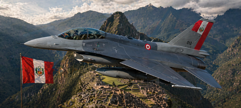 Un avión de combate F-16 volando en el cielo, representando la reciente decisión de Perú de adquirir estas aeronaves para modernizar su flota aérea y cerrar brechas tecnológicas. La imagen simboliza el debate sobre el uso de recursos públicos en defensa frente a necesidades en infraestructura, salud y educación, así como los potenciales beneficios económicos de la transferencia tecnológica. El F-16, desarrollado por Lockheed Martin, es una plataforma versátil utilizada internacionalmente, destacando el alineamiento de Perú con estándares operativos globales.