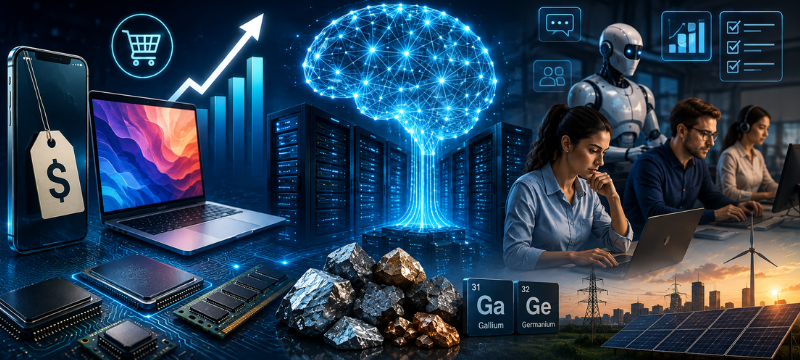 Imagen que representa la transformación de industrias debido a la inteligencia artificial. Se observa cómo AI no solo se limita a asistentes virtuales, sino que impacta en el mercado tecnológico, aumentando los precios de dispositivos debido a la alta demanda de memoria para centros de datos. La imagen también refleja la necesidad de materiales críticos como el galio y el germanio, la presión sobre el suministro energético por la expansión de centros de datos y la evolución en el ámbito laboral donde las tareas rutinarias son automatizadas, requiriendo nuevas habilidades de los trabajadores.
