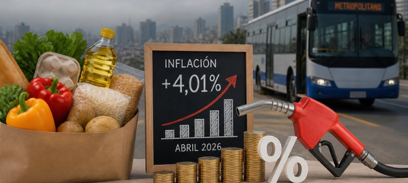 Gráfico que muestra la inflación en Perú en abril de 2026, destacando la desaceleración en el corto plazo con un crecimiento del IPC de Lima Metropolitana del 0,52 % mensual. A pesar de la corrección desde el 2,38 % de marzo, la inflación interanual en Lima alcanzó el 4,01 %, superando el rango meta del Banco Central. El sector transporte, impulsado por el alza de combustibles debido a tensiones internacionales, es el principal contribuyente al incremento mensual, mientras que los precios de alimentos cayeron un 0,26 %, actuando como factor de contención parcial. El panorama futuro es incierto, con precios internacionales elevados y un entorno político volátil que podrían mantener la inflación por encima del rango meta.