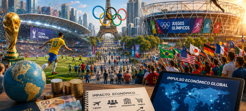 Imagen que representa el impacto económico de los grandes eventos deportivos, destacando cómo estos eventos movilizan inversiones, generan empleo y activan múltiples sectores de la economía como la construcción, el turismo y el consumo. Se menciona el caso del Mundial de Qatar 2022 y su récord en ventas de entradas y beneficios económicos, así como los Juegos Olímpicos de París 2024 con sus ventas de entradas y su impulso al turismo y la infraestructura urbana. Los eventos deportivos son vistos como herramientas de desarrollo económico, mejorando la infraestructura y aumentando la visibilidad internacional y el turismo.