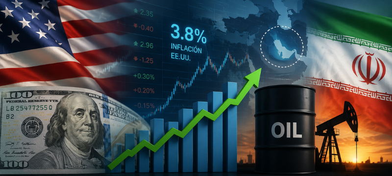 Gráfico que muestra la fluctuación del dólar, abriendo la semana en 3.4230 y cerrando en 3.4150. Incluye información sobre la inflación en EE.UU., que se mantiene en 3.8%, y la inflación subyacente que cumple con expectativas. Se menciona el conflicto entre EE.UU. e Irán y su impacto limitado en el mercado del petróleo, que se mantiene por debajo de US$100 por barril. También, se espera la publicación de datos de empleo e ISM que podrían influir en las expectativas sobre la Reserva Federal. En el ámbito local, las encuestas electorales muestran a Keiko con un 51.4% y Roberto Sánchez con un 48.6%, lo que estabiliza el tipo de cambio. Se anticipa que el tipo de cambio oscile entre 3.40 y 3.44, con riesgos de alza si el petróleo supera los US$100 o si los datos económicos sorprenden.