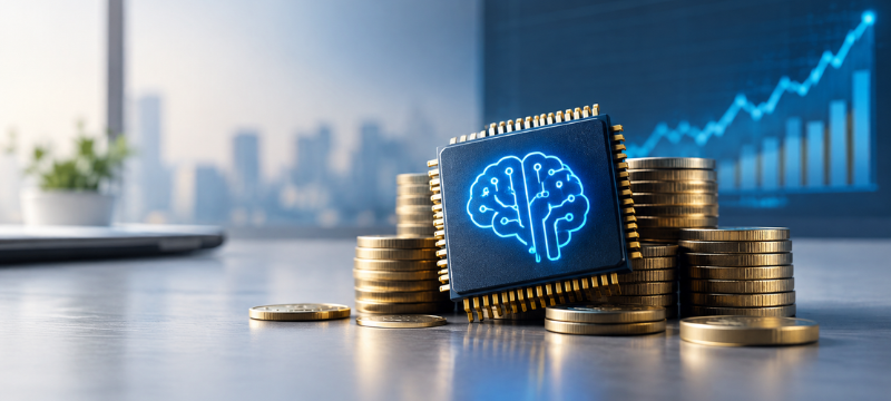 Gráfico que ilustra el crecimiento de la inversión en inteligencia artificial, destacando las grandes cantidades de capital destinadas por empresas tecnológicas a chips, centros de datos y herramientas de IA. La imagen podría incluir iconos representando la tecnología y el flujo de inversiones, así como signos de interrogación que simbolizan la incertidumbre sobre si este fenómeno es una revolución tecnológica o una posible burbuja.